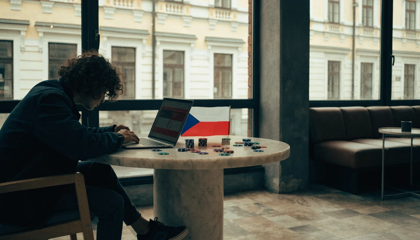 Český hráč v kavárně s laptopem a žetony
