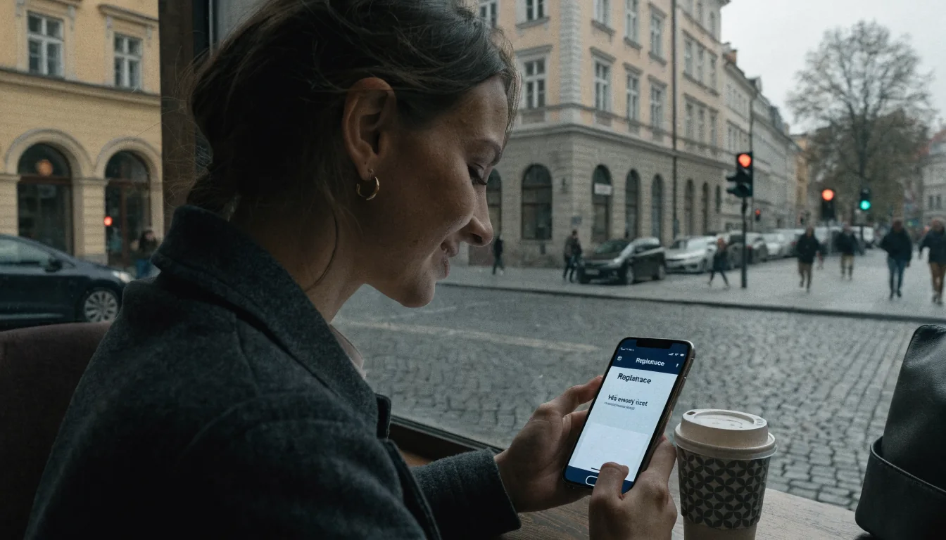 Mladá žena v pražské kavárně kontroluje bonus na telefonu