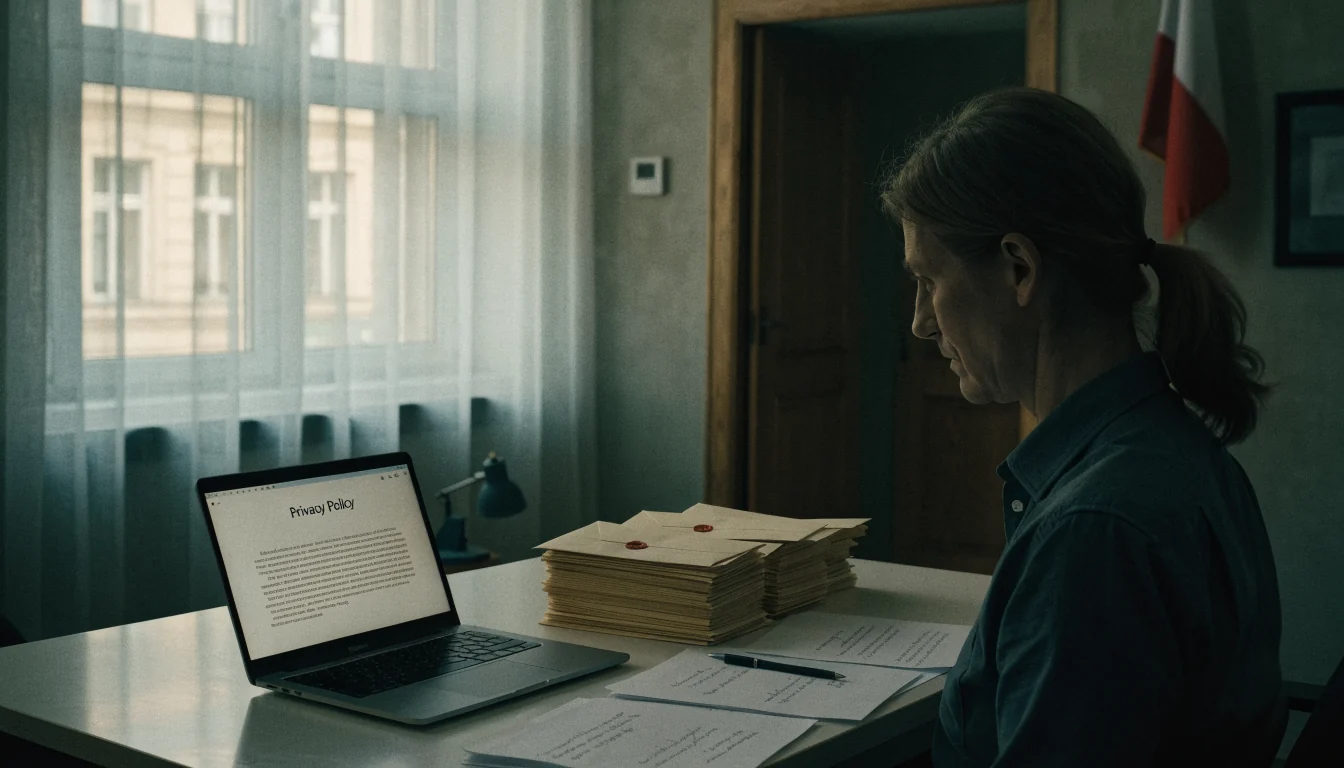 Kancelář v Praze s vlajkou, notebook a dokumenty o ochraně údajů